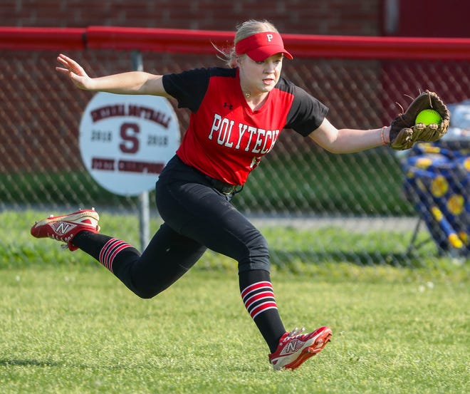 Polytech centerfielder Cheyenne Silves makes a running catch to foil anymore scoring chances for Smyrna as the Eagles open the scoring with two runs in the third inning in Polytech's 8-3 win at Smyrna High School, Thursday, April 18, 2024.