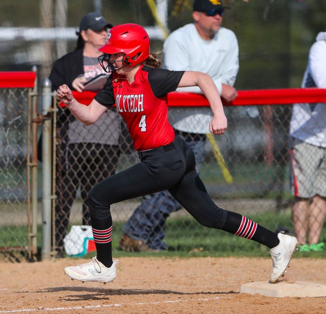Polytech runner Keira Fendt heads for home as the Panthers get on the board in the fourth inning on a RBI single by Kyla Davis in Polytech's 8-3 win at Smyrna High School, Thursday, April 18, 2024.