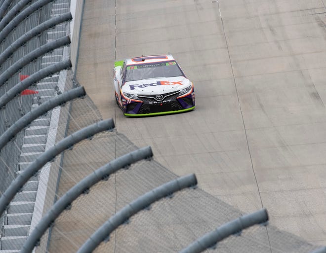 Denny Hamlin competes at the Drydene 400 - Monster Energy NASCAR Cup Series playoff auto race, Sunday, Oct. 6, 2019, at Dover International Speedway in Dover.