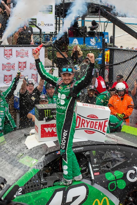 Kyle Larson celebrates his win in the NASCAR Cup Series auto race Sunday, Oct. 6, 2019, at Dover International Speedway in Dover.