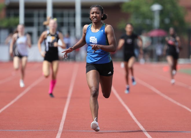 St. Georges' Charlee Crawford wins the Division I 400 meter dash by nearly 4 seconds on the second and final day of the DIAA state high school track and field championships Saturday, May 22, 2021 at Dover High School.