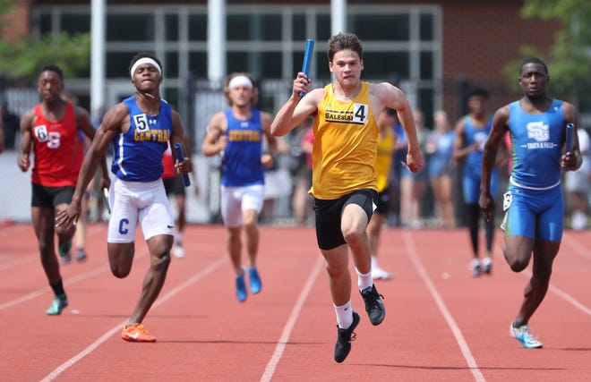 Salesianum's Jake Portale (4) leads the field on the final leg of Salesianum's first place in the Division I 4x100 meter relay on the second and final day of the DIAA state high school track and field championships Saturday, May 22, 2021 at Dover High School.