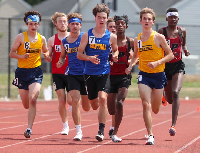 Salesianum's Ryan Banko (1) runs with the pack early in the Division I 1600 meter race before winning the event on the second and final day of the DIAA state high school track and field championships Saturday, May 22, 2021 at Dover High School.