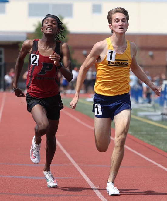 Salesianum's Ryan Banko (right) holds off Polytech's Matt Gatune at the finish of the Division I 1600 meter race on the second and final day of the DIAA state high school track and field championships Saturday, May 22, 2021 at Dover High School.