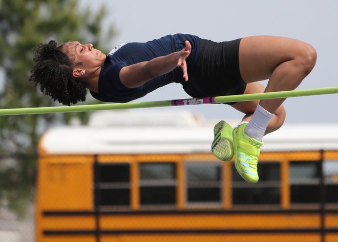 St. Georges' Tyra Blakeney clears 5'5" in her first place effort in the Division I high jump on the second and final day of the DIAA state high school track and field championships Saturday, May 22, 2021 at Dover High School.