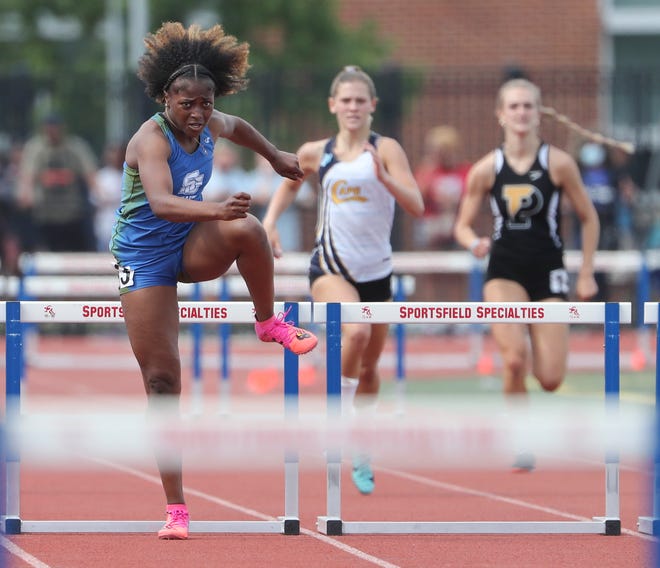 St. Georges' Makiyah Cannon-Price wins the Division I 300 meter hurdles on the second and final day of the DIAA state high school track and field championships Saturday, May 22, 2021 at Dover High School.