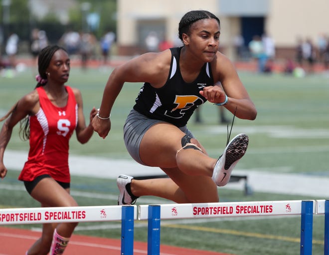 Padua's Jia Anderson kicks off the Division I events with a win in the 100 meter hurdles final on the second and final day of the DIAA state high school track and field championships Saturday, May 22, 2021 at Dover High School.