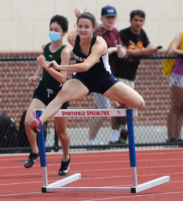 Wilmington Friends' Margo Gramiak takes on a hurdle in the turn as she wins the Division II 300 meter hurdles on the second and final day of the DIAA state high school track and field championships Saturday, May 22, 2021 at Dover High School.