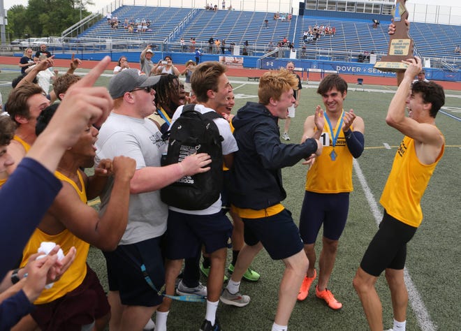 Salesianum celebrates its Division I team title on the second and final day of the DIAA state high school track and field championships Saturday, May 22, 2021 at Dover High School.