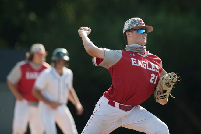 Smyrna's Nathan Donahue, 21, pitches against St. Mark's Tuesday, May 25, 2021. St. Mark's defeated Smyrna 7-0 to advance to the DIAA semifinals.