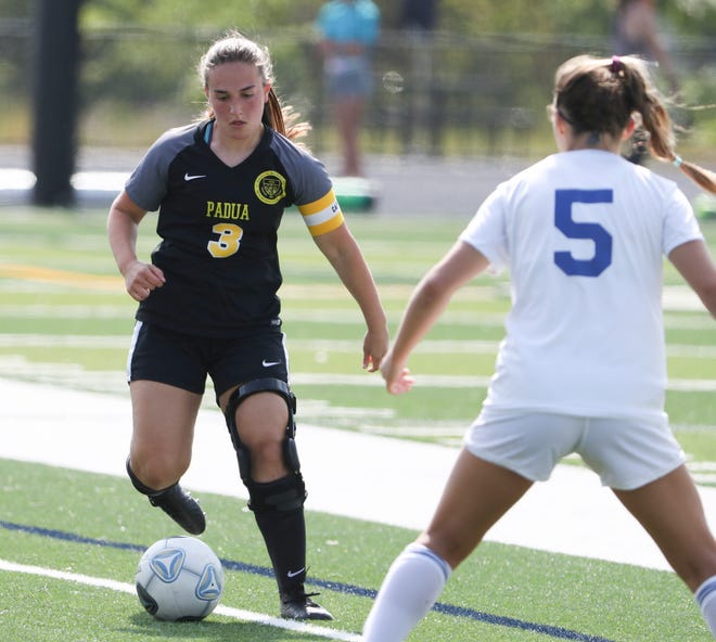 Padua's Juliana DelliCompagni works in the first half of the Pandas' 4-0 DIAA DIv. I state tournament semifinal win against Charter School of Wilmington at Abessinio Stadium Tuesday, May 25, 2021.
