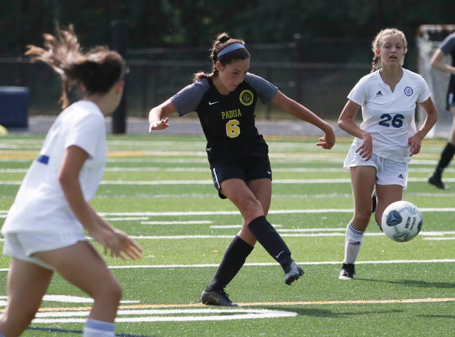 Padua's Madison Mosier pushes the ball upfield in the first half of the Pandas' 4-0 DIAA DIv. I state tournament semifinal win against Charter School of Wilmington at Abessinio Stadium Tuesday, May 25, 2021.