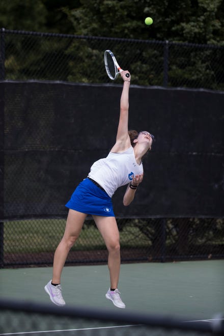 Dover's Erika Synoksi serves during her DIAA girl's first singles state championship match Thursday, May 27, 2021.