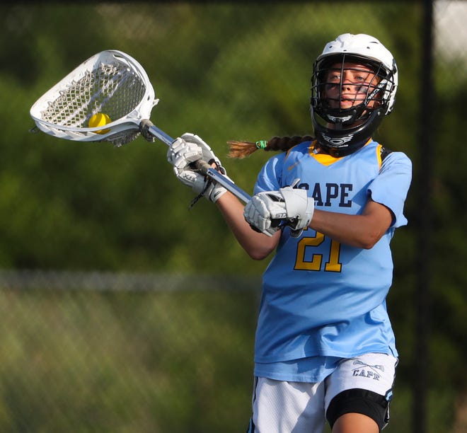 Cape Henlopen goalie Destiny Kusen passes the ball in the first half of the DIAA state tournament title game Thursday, May 27, 2021 at Dover High School.