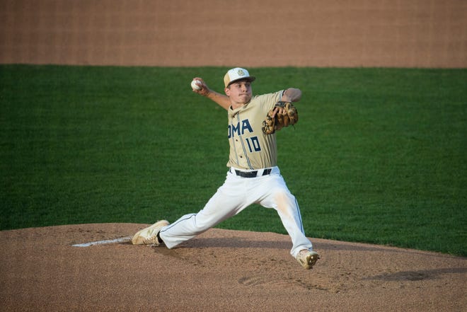 DMA's Kevin Williams (10) pitches against Caravel Academy in the DIAA baseball semifinals Thursday, May 27, 2021, at Frawley Stadium.