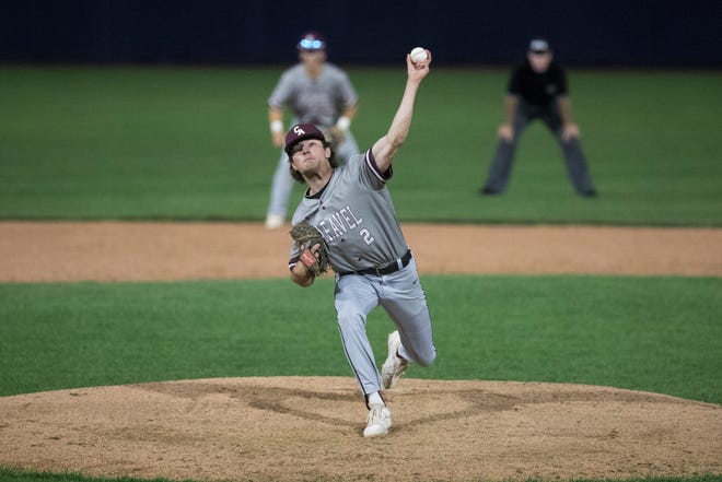 Caravel's Ryan Lester (2) pitches in the DIAA semifinals Thursday, May 27, 2021, at Frawley Stadium.
