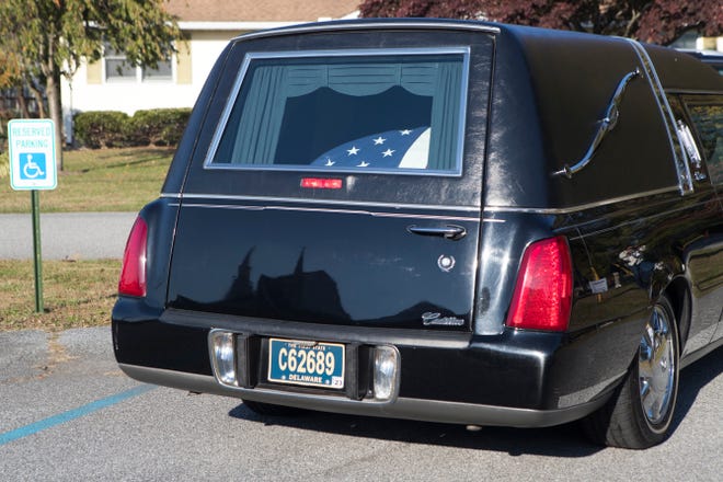 The hearse containing former Gov. Ruth Ann Minner leaves Milford Church of the Nazarene to Slaughter Neck Cemetery after Minner's memorial service Wednesday, Nov. 10, 2021.